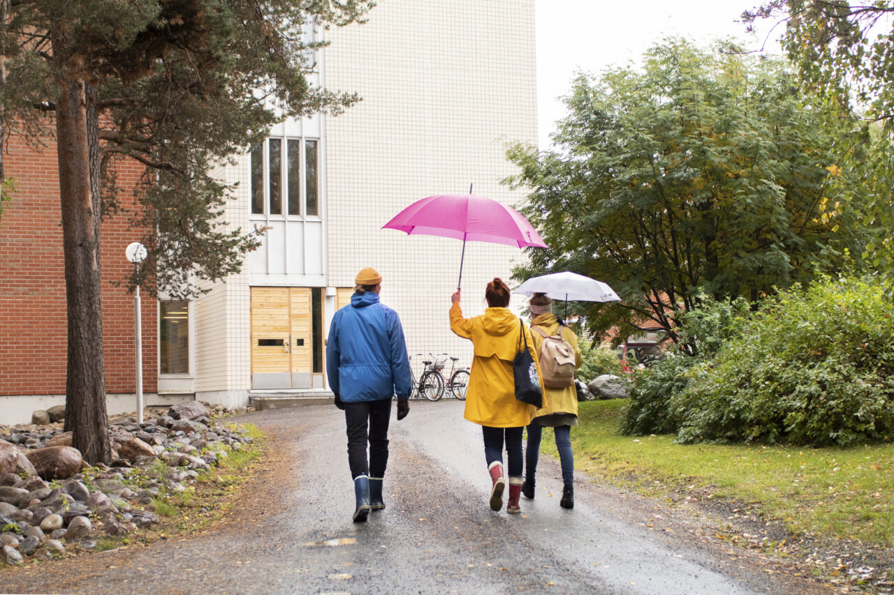 Opiskelijoita kävelemässä aukinaisten sateenvarjojen kanssa Lapin yliopiston edustalla.