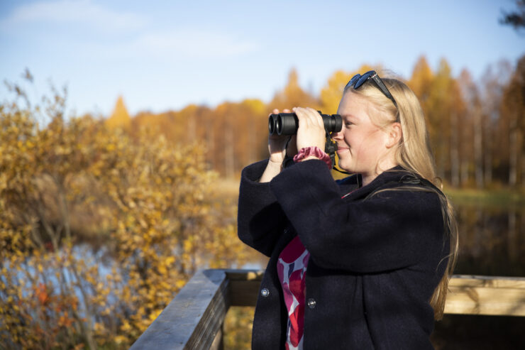 A person is looking at the autumnal scenery with binoculars.