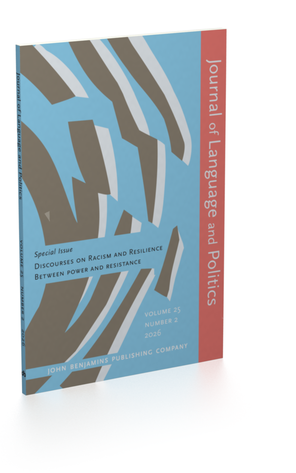 Journal of Language and Politics book cover. Link https://www.jbe-platform.com/content/journals/15699862/25/2