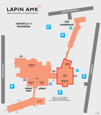 Lapin ammattikorkeakoulun aluekartta valintakokeisiin.