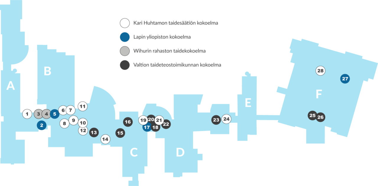 Kartta taidekävelyn teosten sijainnista kampuksella.